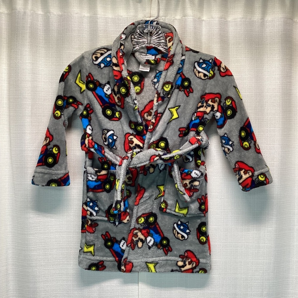 Mario Kart Boys Grey Plush Fleece Robe Nintendo Mario Racing Size 4 Loungewear
